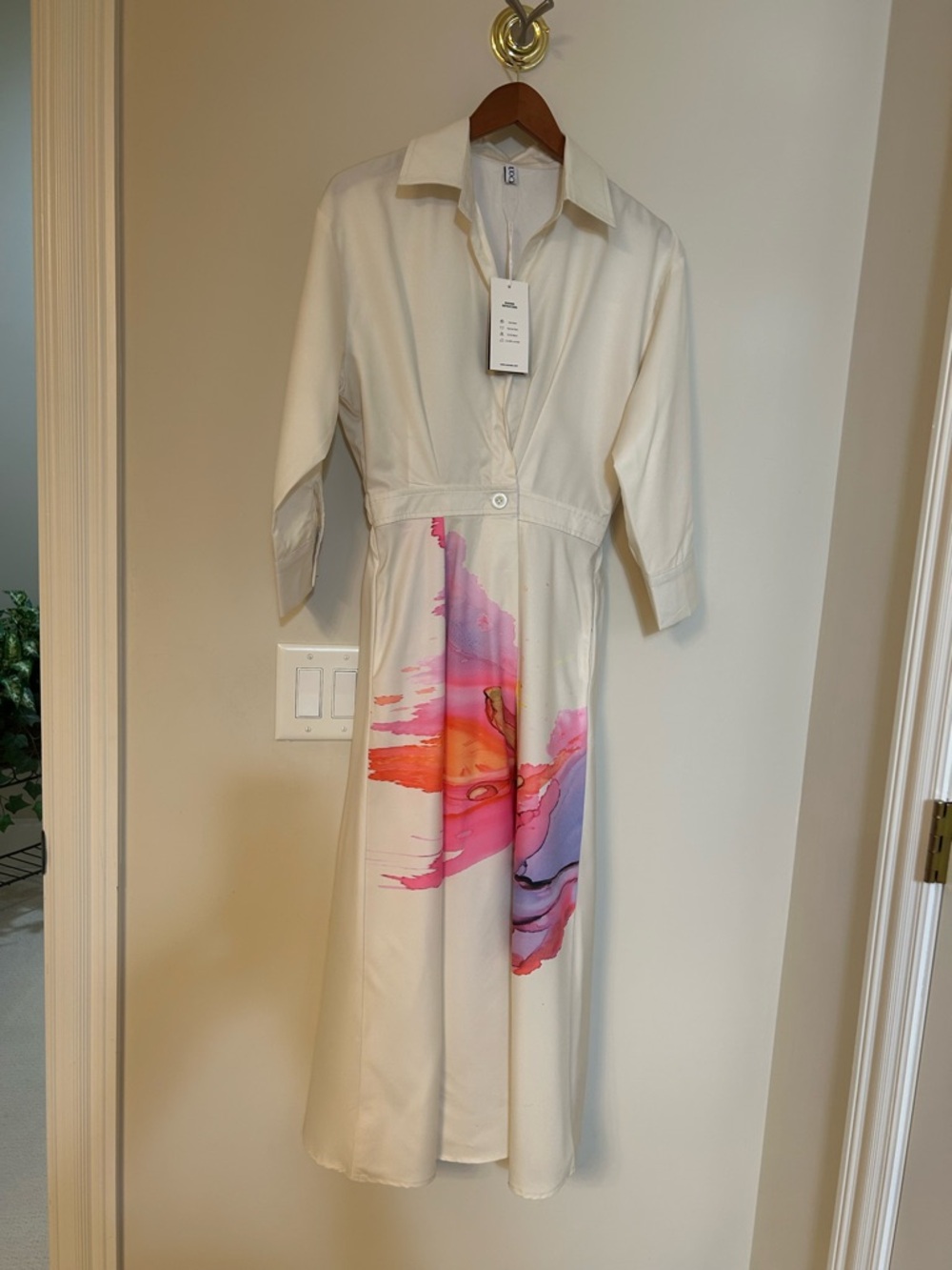 Uoozee Cream Midi Shirt Dress with Pink & Orange Watercolor Print